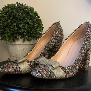J. Crew Multicolor Tweed Heels with Gold Bow